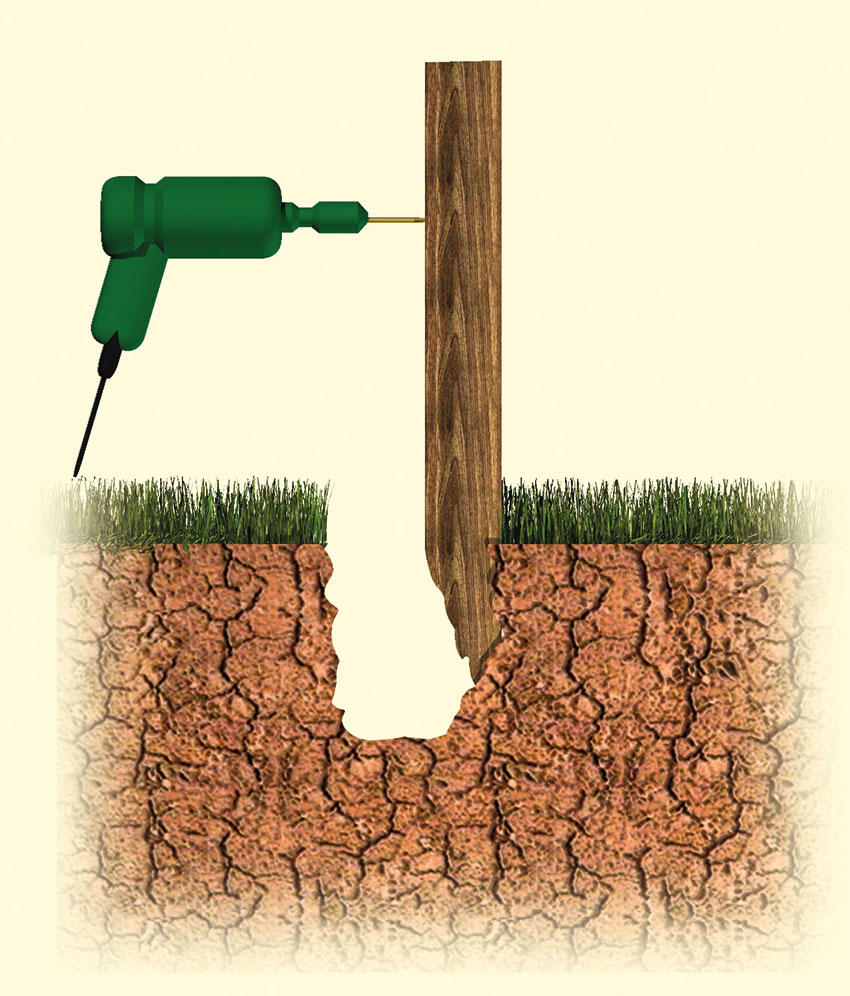 Measure twice, drill once fitting Concrete Repair Spur to wooden Fence Post - illustrated