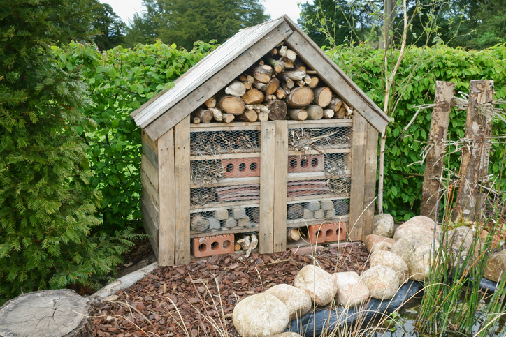 Insect hotel providing a nest for useful insects plant pollinators. Winter wildlife