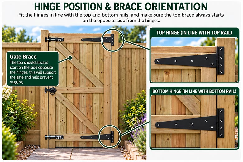 Gate Brace Orientation - The top should always start on the side opposite the hinges