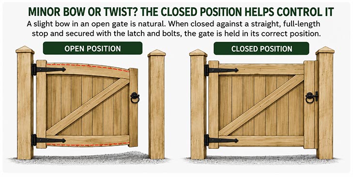 A minor bow or twist, keeping the gate closed can help control it