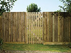 A tall Palisade gate with featheredge fencing either side